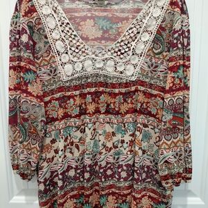 Unity World Wear Burgundy Multi Floral Lace-Trim Tunic #0655
